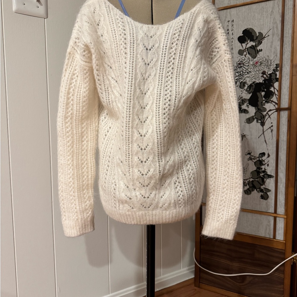 Sezane Elegant White Cable Knit Mohair Sweater